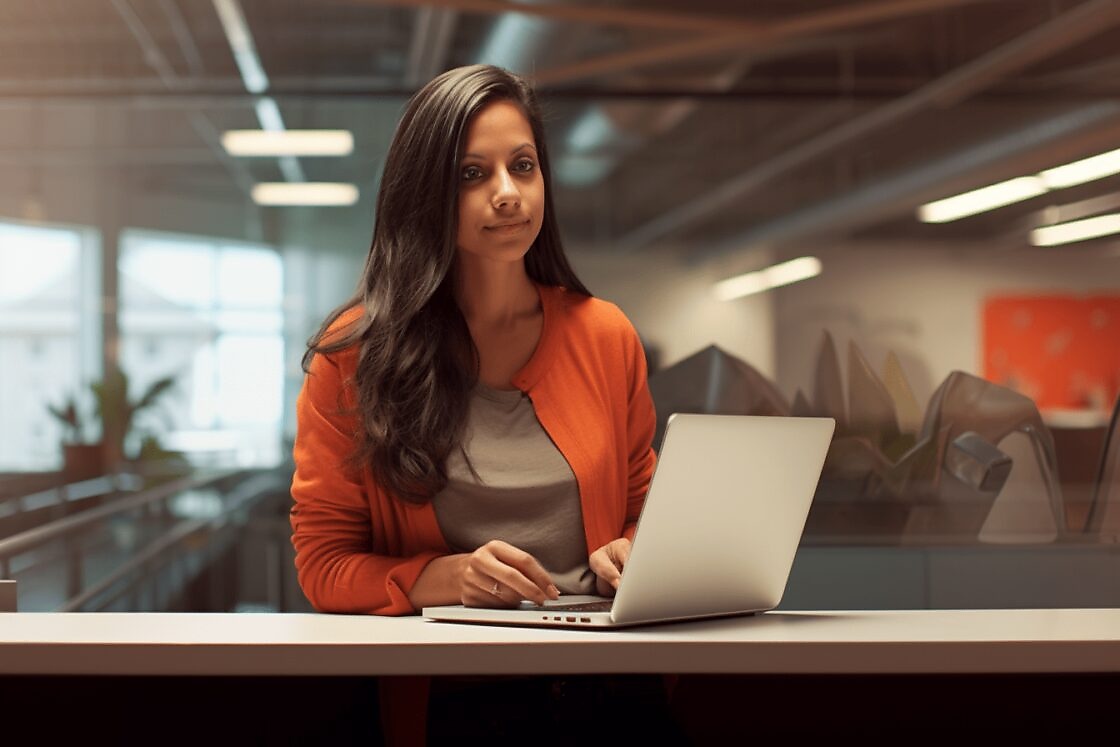 woman with laptop in empty office