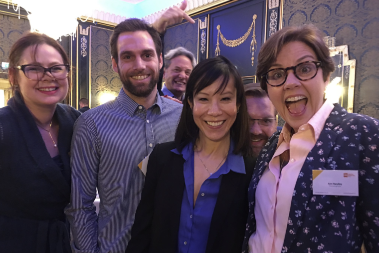 Me, Lee Odden and Jennifer Lund getting photo-bombed by juvenile Ann Handley, some guy with a beard and his office-mate.